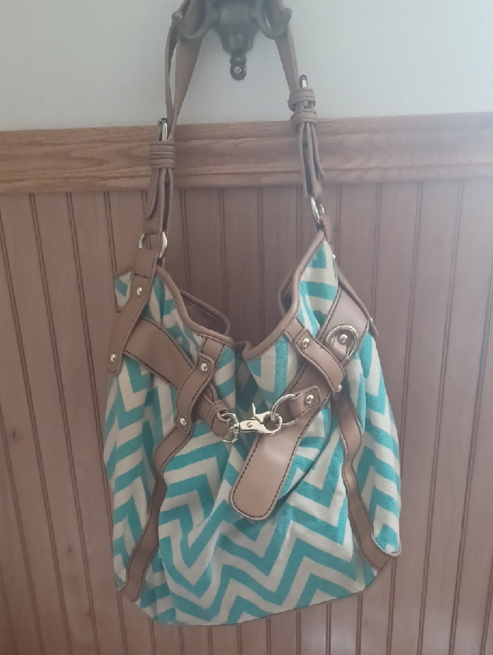 Turquoise Chevron Canvas Shoulder Bag with Tan Trim